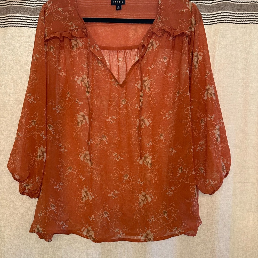torrid Burnt Orange Floral Sheer Peasant Blouse